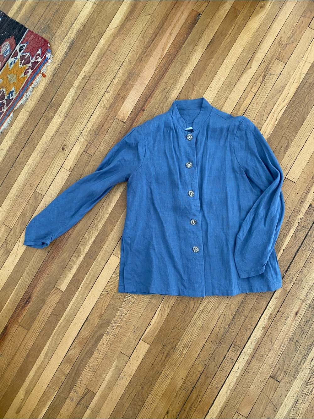 Blue Button-Front Long Sleeve Top